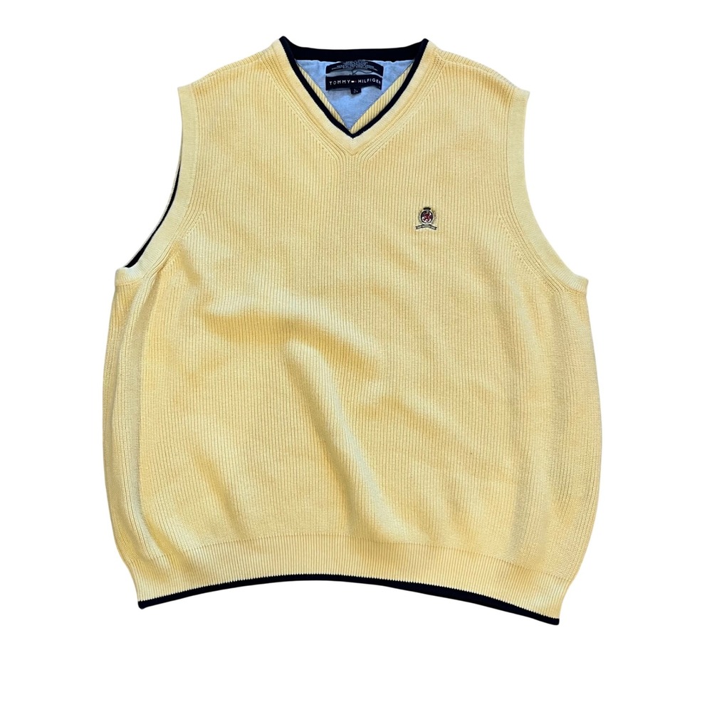 Tommy Hilfiger Mens Sweater Vest Yellow Ribbed Cotton V-Neck Crest Logo Large